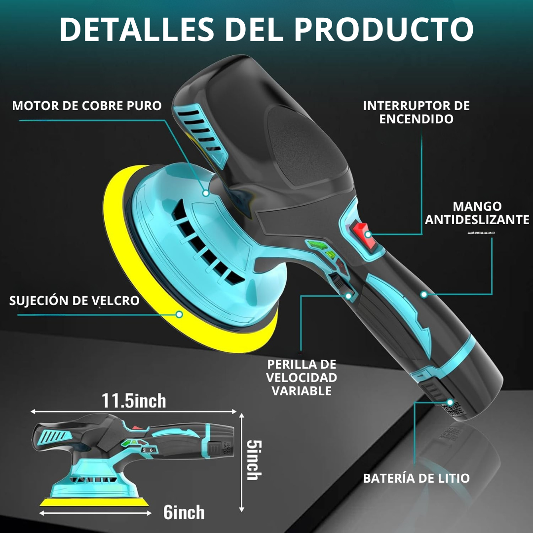 Pulidora de Coche Inalámbrica 12V – Kit Completo con 6 Velocidades, 2 Batería Litio y Accesorios