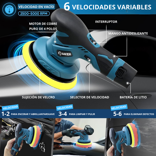 Pulidora de Coche Inalámbrica 12V – Kit Completo con 6 Velocidades, 2 Batería Litio y Accesorios