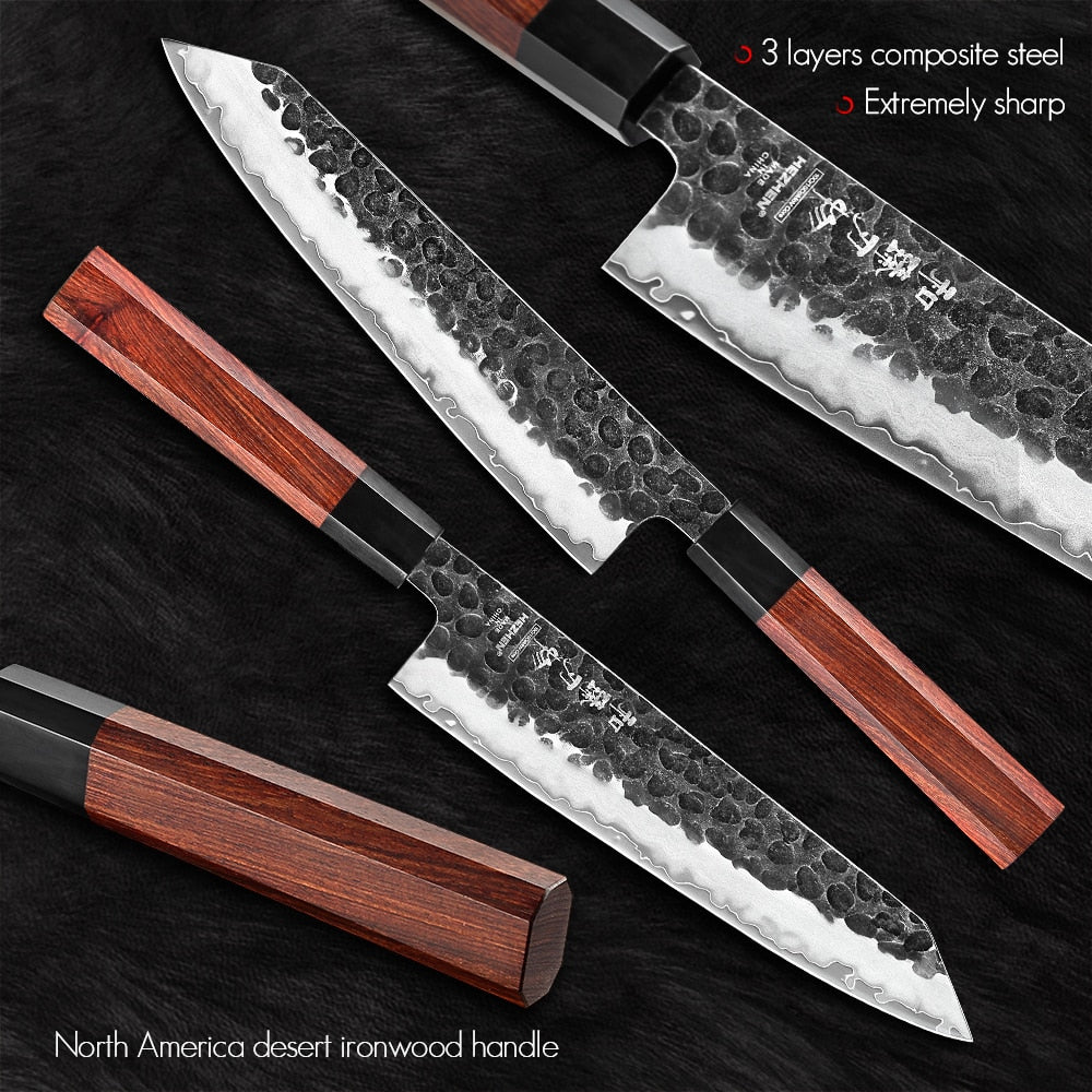 HEZHEN 1-4PC Kitchen Knife Set Slicing Stainless Steel Composite Steel Chef Santoku Nakiri Utility Rosewood Handle Gift Box