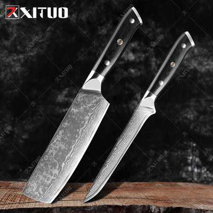 XITUO Damascus Chef Knife Professional Japan Sankotu Cleaver Bone Knives Utility Kiritsuke Paring Kitchen Knife Cooking Tools
