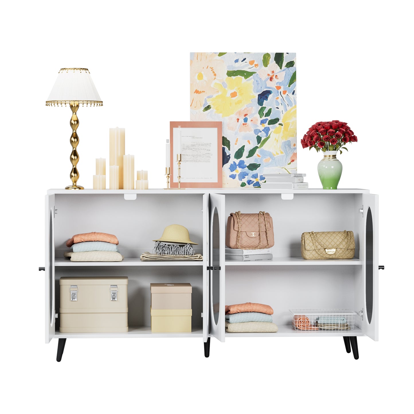 Modern Accent Sideboard Cabinet with Acrylic Doors, Freestanding Storage Cupboard Console Table for Kitchen Dining White