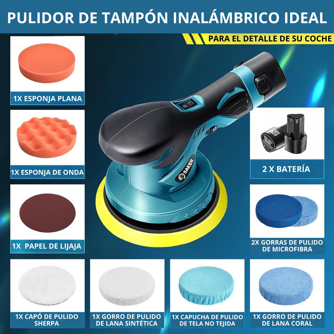 Pulidora de Coche Inalámbrica 12V – Kit Completo con 6 Velocidades, 2 Batería Litio y Accesorios