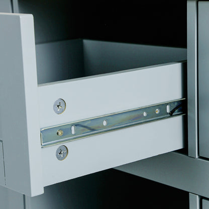 Kitchen handcart with rubber wood leaf countertop, storage cabinet, shelf, and 3 dining room drawers, gray blue