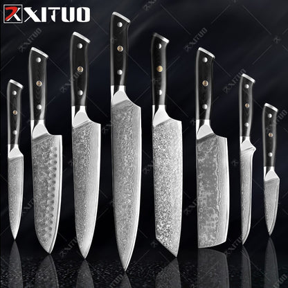 XITUO Damascus Chef Knife Professional Japan Sankotu Cleaver Bone Knives Utility Kiritsuke Paring Kitchen Knife Cooking Tools