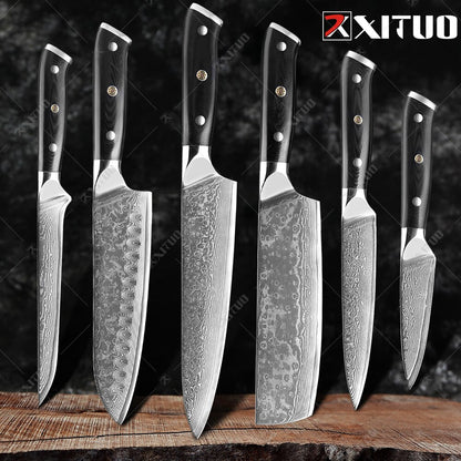 XITUO Damascus Chef Knife Professional Japan Sankotu Cleaver Bone Knives Utility Kiritsuke Paring Kitchen Knife Cooking Tools